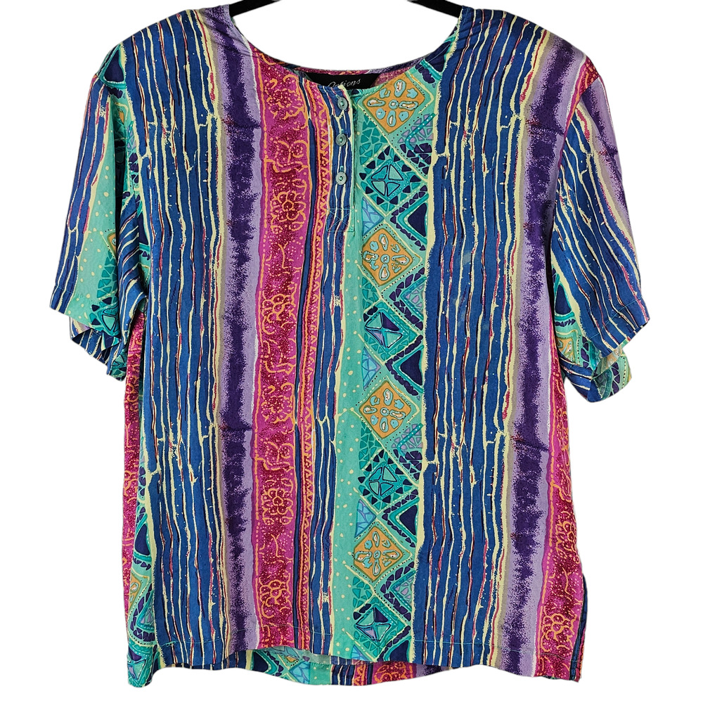 Top Vintage 80s silk multicolor abstract print short sleeve blouse Medium